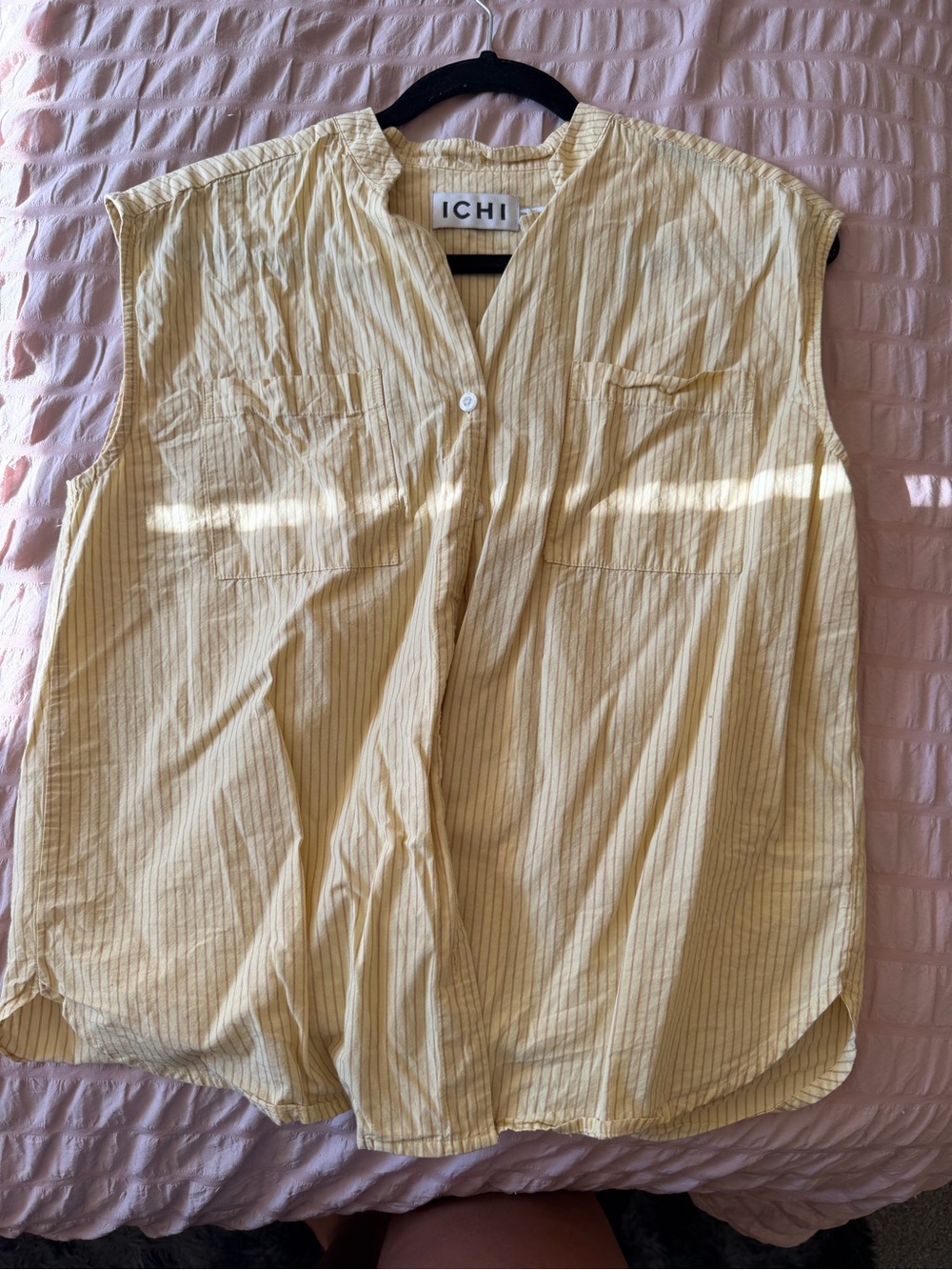 ICHI Yellow Pinstripe Sleeveless Button Front Top